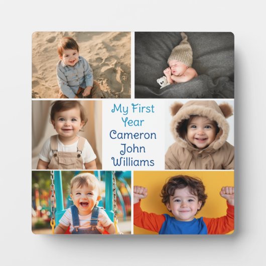 初年度の男の赤ちゃん写真コラージュかわいいギフト フォトプラーク (正面)