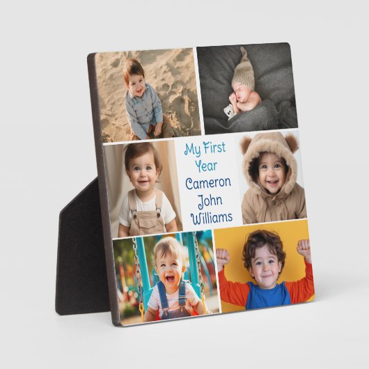 初年度の男の赤ちゃん写真コラージュかわいいギフト フォトプラーク (正面)