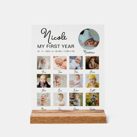 初年度ベビー12ヶ月誕生日写真コラージュ アクリルサイン (正面)
