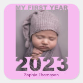 初年度2023年切り出しモダンベビーフォトピンク スクエアシール (正面)