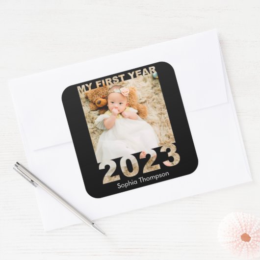 初年度2023年切り出しモダンベビーフォトブラック スクエアシール (封筒)