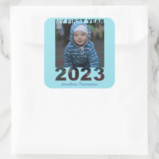 初年度2023年切り出しモダンベビー写真青 スクエアシール (バッグ)