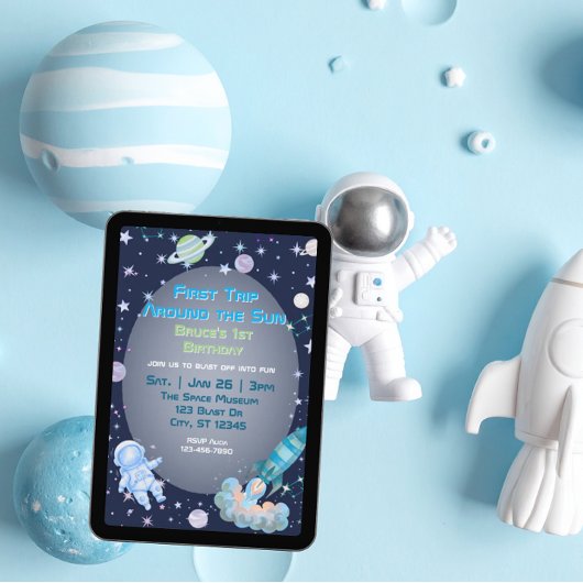 初旅行ブルーグリーンスペース1歳の誕生日 招待状