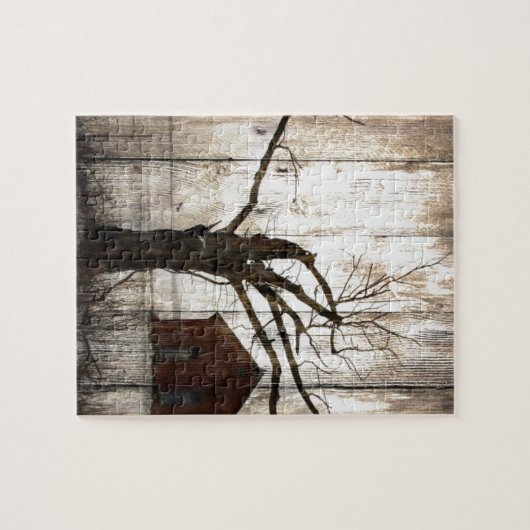 初期のな国のWoodgrainの冬の木の赤の納屋 ジグソーパズル (横)