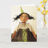 初期のな芸術の人形のパーティガールのバースデー・カード カード (黄色い花)