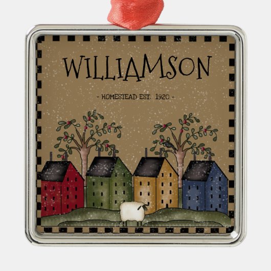 初期のSALTBOXハウスファミリー名素朴 メタルオーナメント (正面)