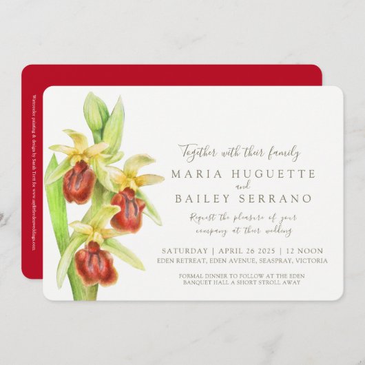初期スパイダーオーキッドの水彩結婚式 招待状 (正面/裏面)