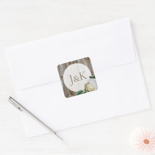 初期化された素朴ウッドホワイトローズ結婚式用シール スクエアシール (封筒)