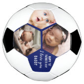初父の日パパベイビー3枚フォトコラージュ ブルー サッカーボール (回転)