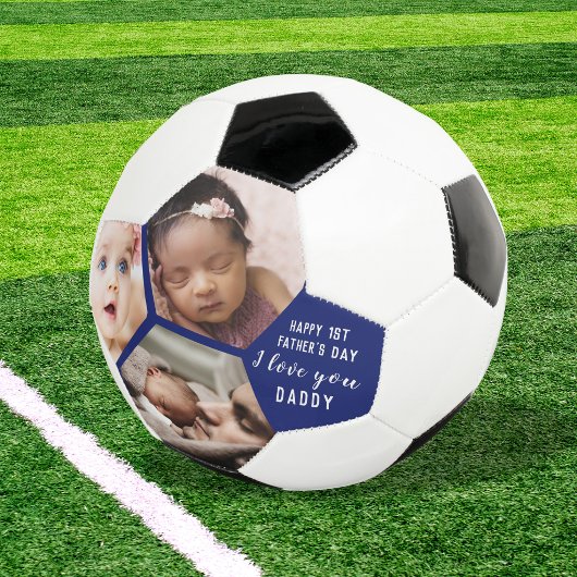 初父の日パパベイビー3枚フォトコラージュ ブルー サッカーボール