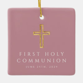 初聖体拝領の女の子のピンクの宗教的な十字架の写真 セラミックオーナメント