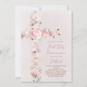 初聖体拝領 ピンクの花の十字架 招待状 (正面)