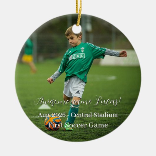 初試合 スポーツ クリスマス 記念写真  セラミックオーナメント (正面)