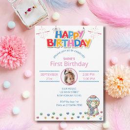 初誕生日おめでとう!女の子も男の子も使えるキャンディガムボールマシンの写真 招待状