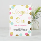 初誕生日の招待状ガールピンク金ゴールドミント 招待状 (スタンド正面)