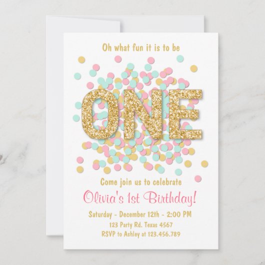 初誕生日の招待状ガールピンク金ゴールドミント 招待状 (正面)