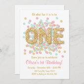 初誕生日の招待状ガールピンク金ゴールドミント 招待状 (正面/裏面)