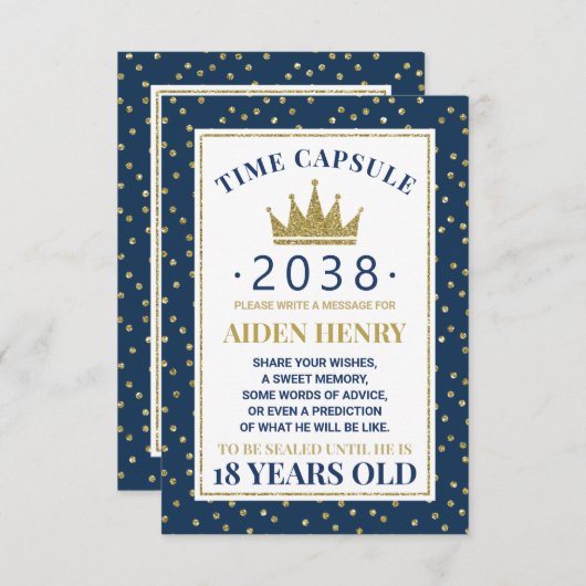 初誕生日タイムカプセル(青と金ゴールド) エンクロージャーカード (正面/裏面)