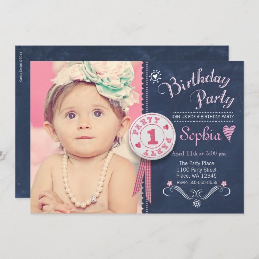 初誕生日パーティー招待の女の子、チャルクボード 招待状 (正面/裏面)