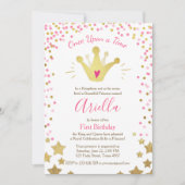 初誕生日招待プリンセス金ゴールドピンククラウン 招待状 (正面)