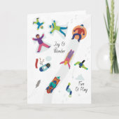 初雪の冬の子供たち 雪の天使を作って遊ぶ シーズンカード (正面)