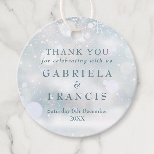 初雪の冬の結婚式ありがとう フェイバータグ (正面)