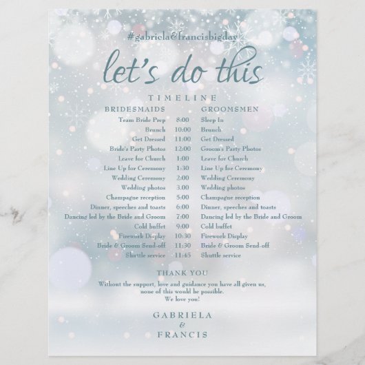 初雪の冬の結婚式のスケジュールのタイムライン (正面)