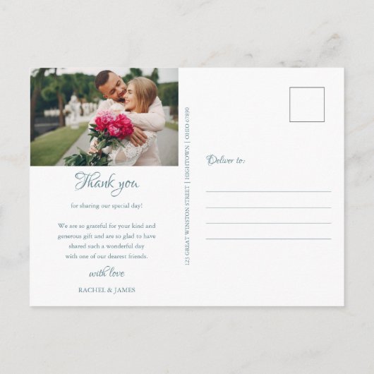 初雪の冬の結婚式の写真ありがとう ポストカード (裏面)