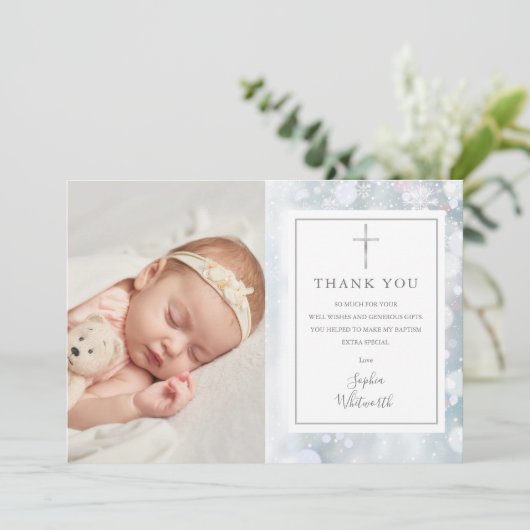 初雪バプテスマ《キリスト教》洗礼式や命名式写真 サンキューカード (スタンド正面)