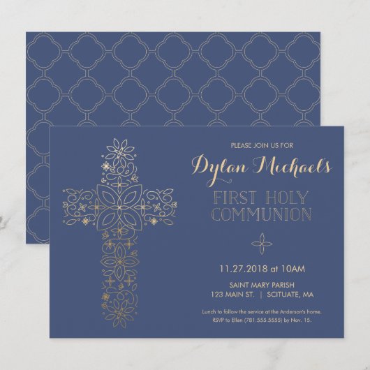 初領聖体招待状（ゴールドクロス招待状） 招待状 (正面/裏面)