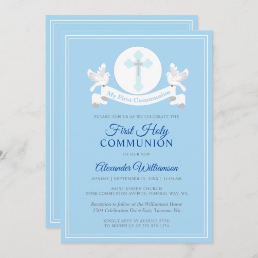 初領聖体男子青い招待状 招待状 (正面/裏面)