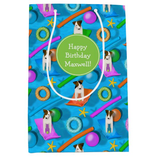 別のジャック・ラッセル犬プールパーティーパターン ミディアムペーパーバッグ (正面)