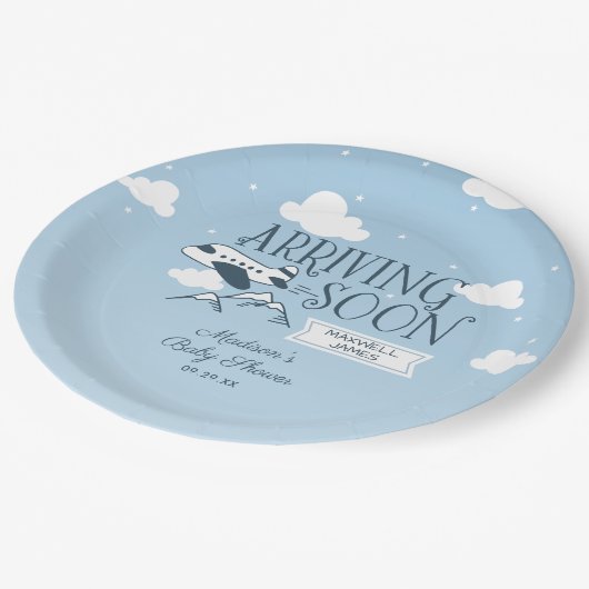 到着すぐ飛行機のベビーシャワー招待状 ペーパープレート (アングル)