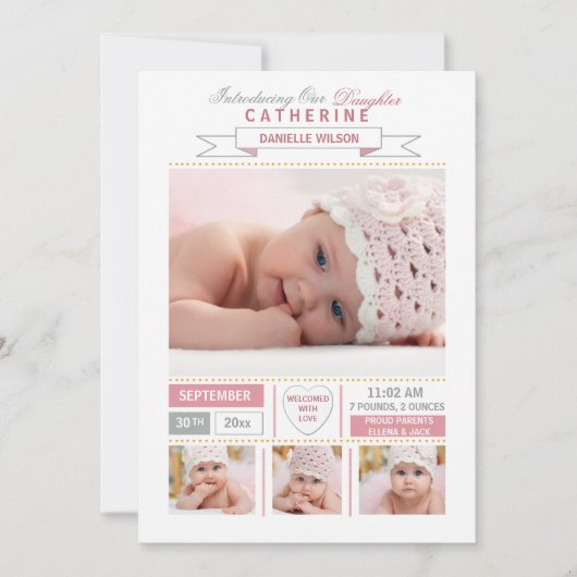 到着大切ピンク写真の誕生のお知らせ 案内状 (正面)