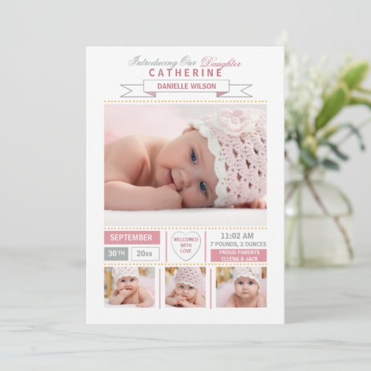 到着大切ピンク写真の誕生のお知らせ 案内状 (スタンド正面)