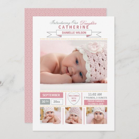 到着大切ピンク写真の誕生のお知らせ 案内状 (正面/裏面)