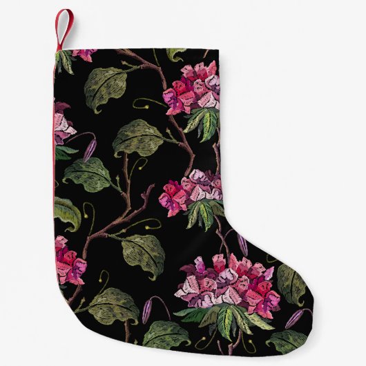 刺しゅうゼラニウムの花の継ぎ目のない模様 スモールクリスマスストッキング (正面)