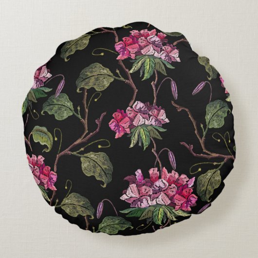 刺しゅうゼラニウムの花の継ぎ目のない模様 ラウンドクッション (裏面)