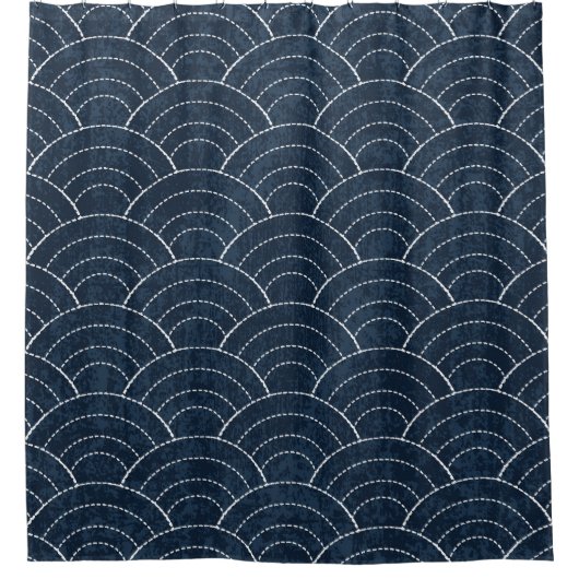 刺し子刺繍：アイ日本のゴ模様。 シャワーカーテン (正面)