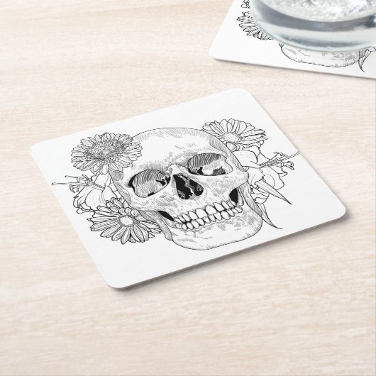 刺激を受けたなスカルおよび花 スクエアペーパーコースター (アングル)
