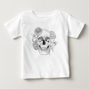 刺激を受けたなスカルおよび花 ベビーTシャツ
