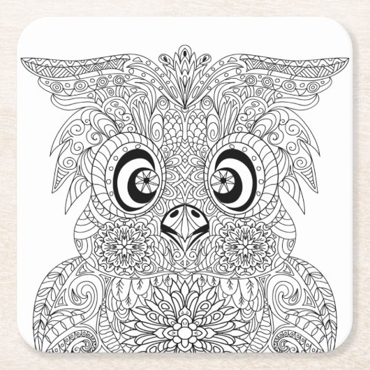 刺激を受けたなフクロウのポートレート スクエアペーパーコースター (正面)