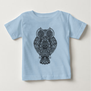 刺激を受けたな手描きの華美なフクロウ ベビーTシャツ