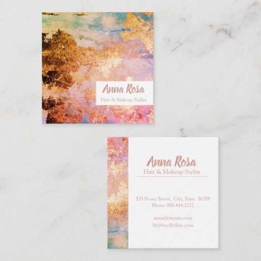 *刺激的で抽象的な水彩画の金ゴールドの青いピンク スクエア名刺 (正面/裏面)