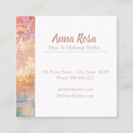 *刺激的で抽象的な水彩画の金ゴールドの青いピンク スクエア名刺 (裏面)
