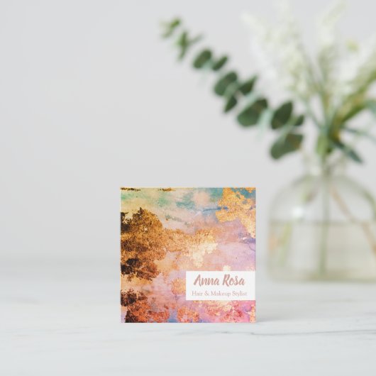 *刺激的で抽象的な水彩画の金ゴールドの青いピンク スクエア名刺 (スタンド正面)
