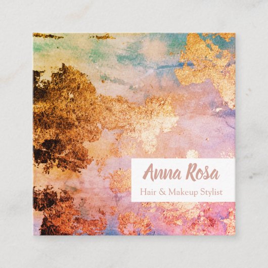 *刺激的で抽象的な水彩画の金ゴールドの青いピンク スクエア名刺 (正面)