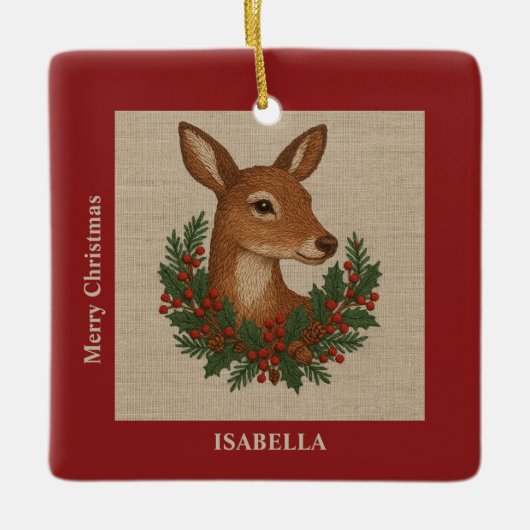 刺素朴しゅう鹿&ホリデーグリーンクリスマス セラミックオーナメント (正面)