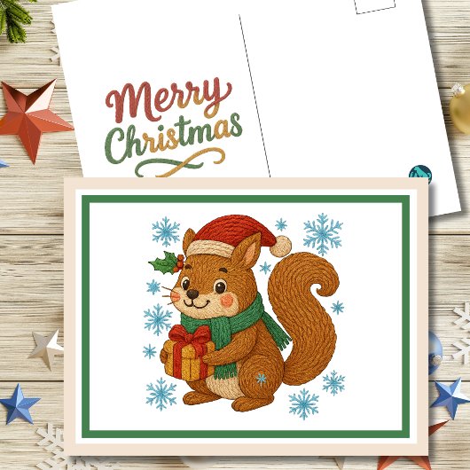 刺繍お洒落リスのクリスマス ポストカード