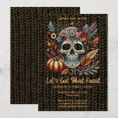 刺繍されたパステルカラーのゴシック秋の花飾り付きスカル 招待状 (正面/裏面)